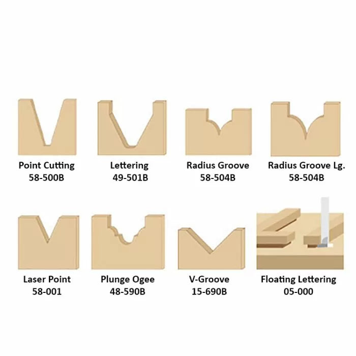 Woodworking router bit cut profiles chart with point cutting, lettering, groove, and ogee shapes.
