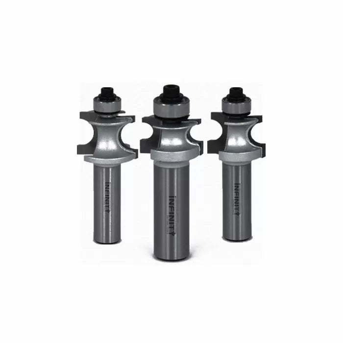 Set of three carbide woodworking router bits with ball bearings for precision cutting