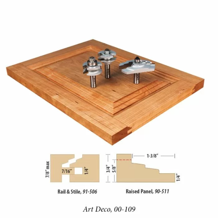 Art Deco style woodworking router bits and sample raised panel cabinet door with profile diagrams.