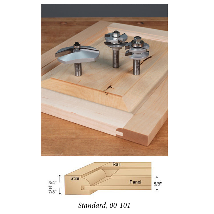 Cabinet door router bit set with stile and rail bits on a wood panel, woodworking tools.