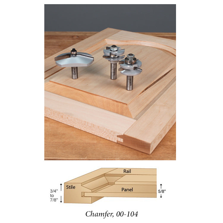 Chamfer router bits for woodworking cabinet doors with stile and rail joinery diagram