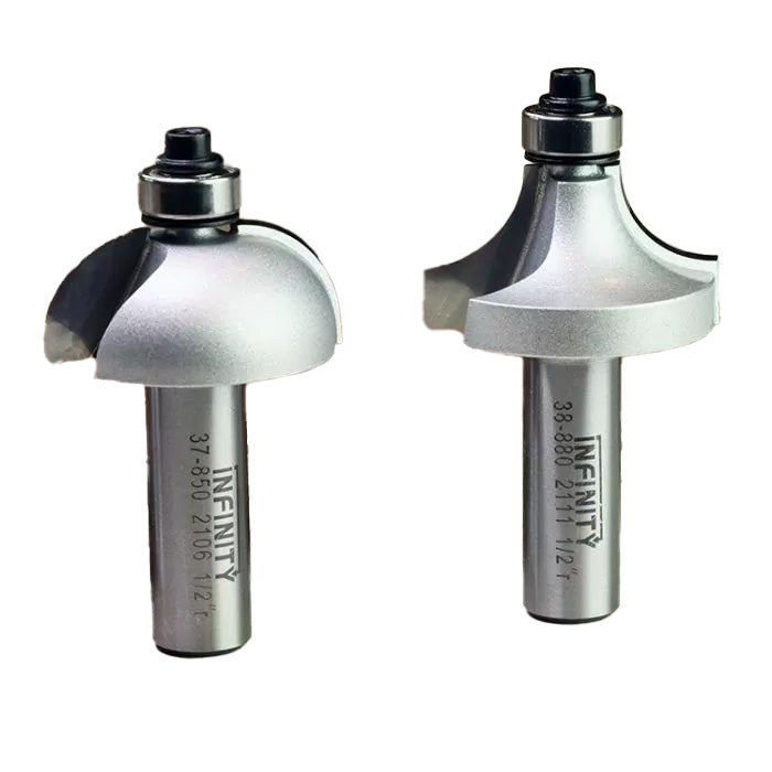 Two roundover router bits with ball bearing guides for woodworking projects