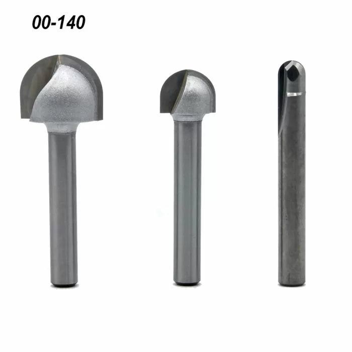 Carbide woodworking router bits set with ball nose and core box profiles on white background