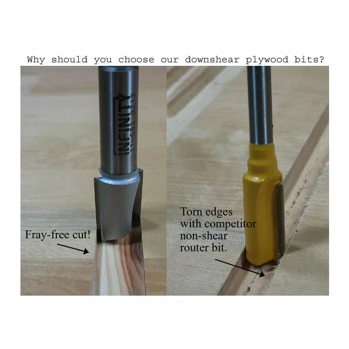 Comparison of downshear plywood bit with clean cut versus competitor router bit with torn edges on wood