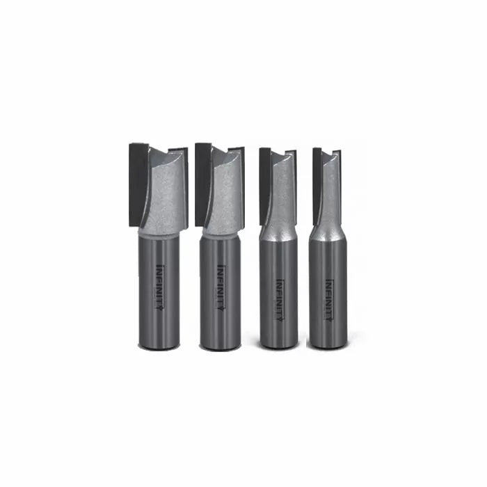 Set of four straight router bits for woodworking, displayed upright on white background