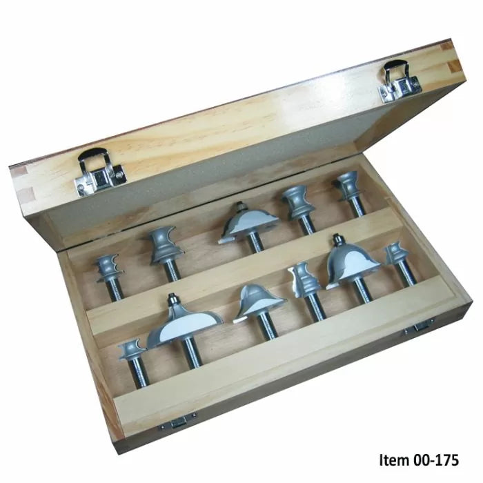 Woodworking router bit set in wooden storage case with ten assorted bits displayed.
