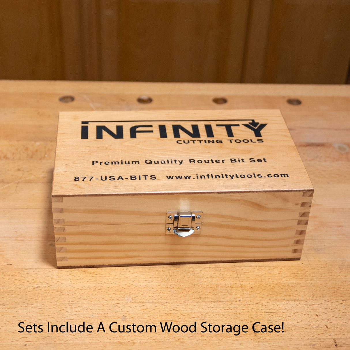 Custom wood storage case for premium router bit set on woodworking bench