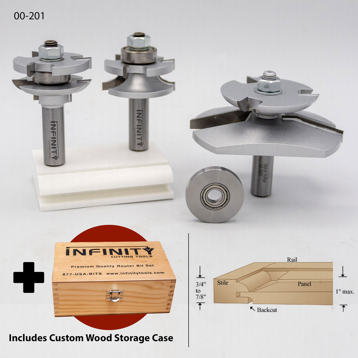 Cabinet door rail and stile router bit set with carbide tips, custom wood storage case, and woodworking joinery diagram on white background.