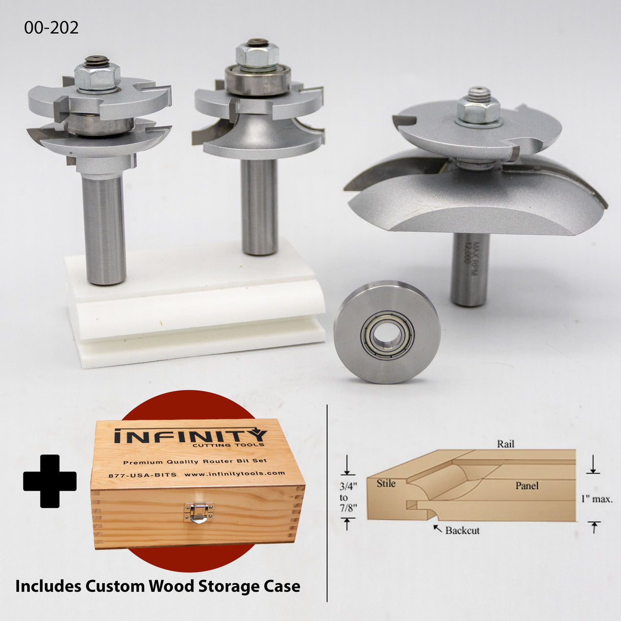 Rail and stile router bit set with cutting diagram and custom wood storage case for woodworking