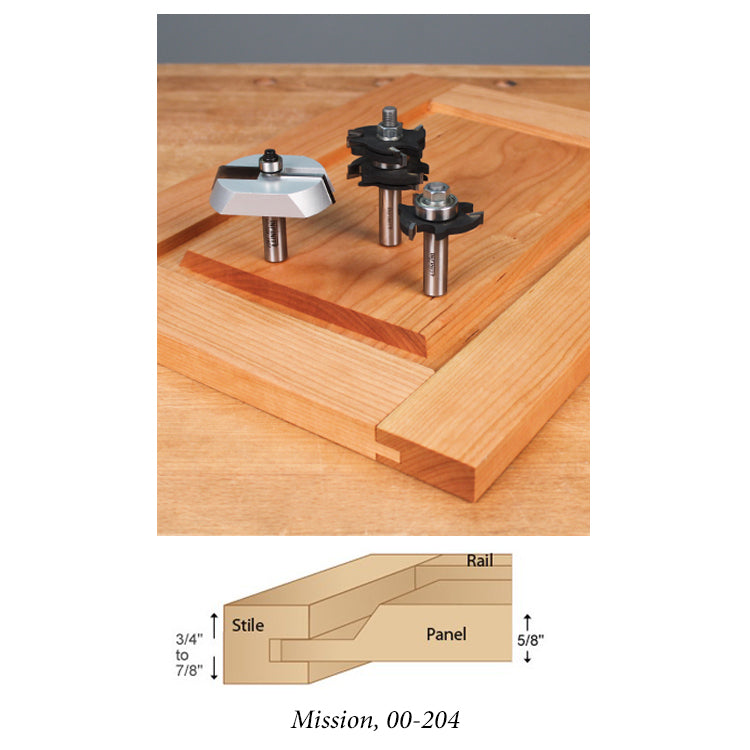 Mission style router bits set with sample cabinet door frame and joinery diagram