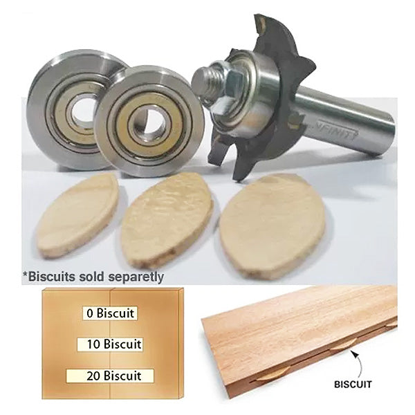 Biscuit joiner router bit set with bearings and wood biscuits for woodworking joints