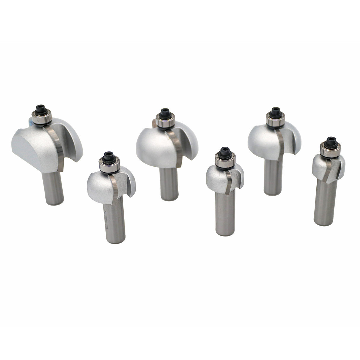 Set of six metal roundover router bits with ball bearings, displayed on white background.