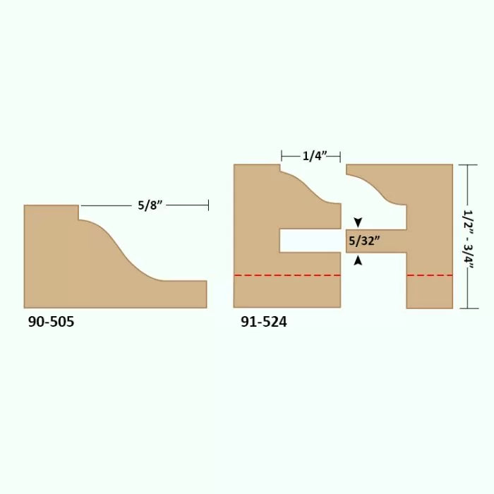 Diagram of woodworking router bit profiles with dimensions for edge and joinery cuts.