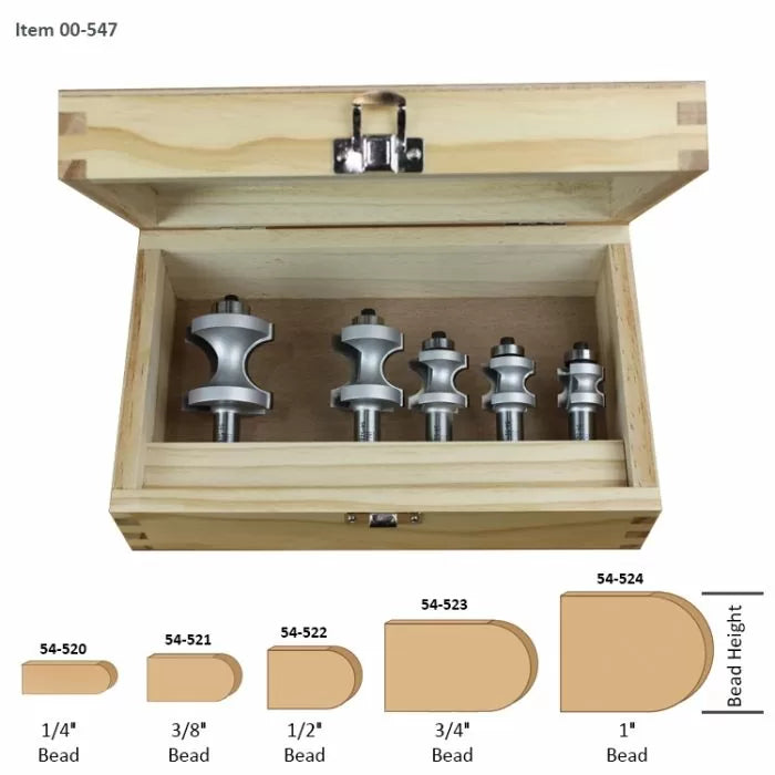 Woodworking beading router bit set in wooden case with five sizes, includes bead profile diagram.