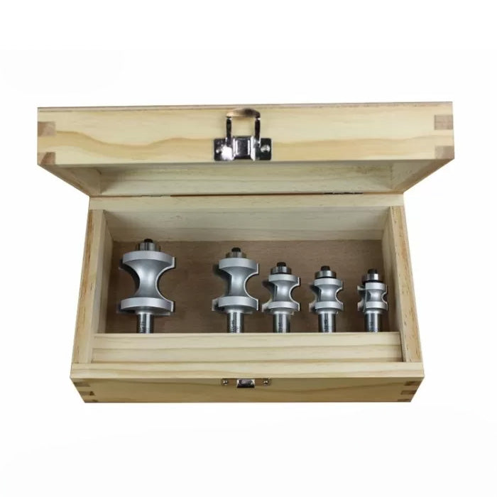 Woodworking router bit set in wooden storage box, five roundover bits for shaping edges