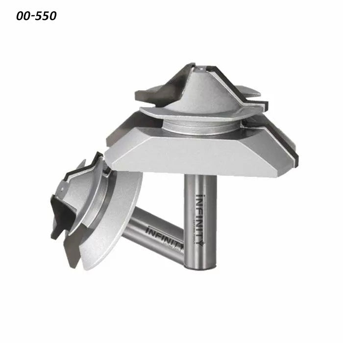 Router bit set with carbide-tipped cutting edges for woodworking joinery