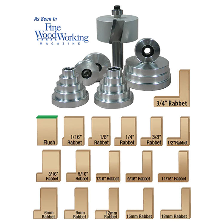 Rabbet router bit set with multiple bearings and profile chart for precise woodworking cuts