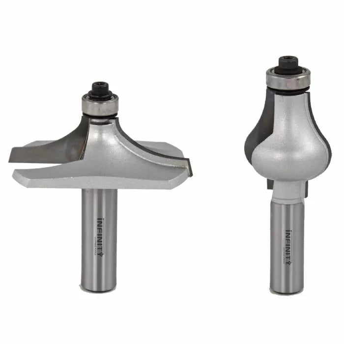 Two silver woodworking router bits with bearings for precise edge cutting and shaping