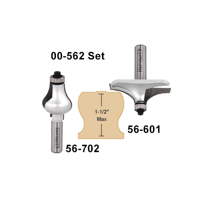 Router bit set with 56-601 and 56-702 bits for shaping 1-1/2 inch max woodworking profiles