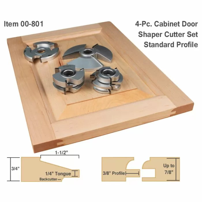 4-piece cabinet door shaper cutter set on wooden panel with profile diagrams for woodworking