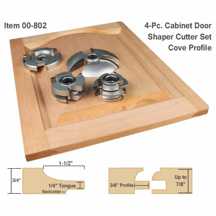 4-piece cabinet door shaper cutter set with cove profile on wooden panel, includes profile diagrams.