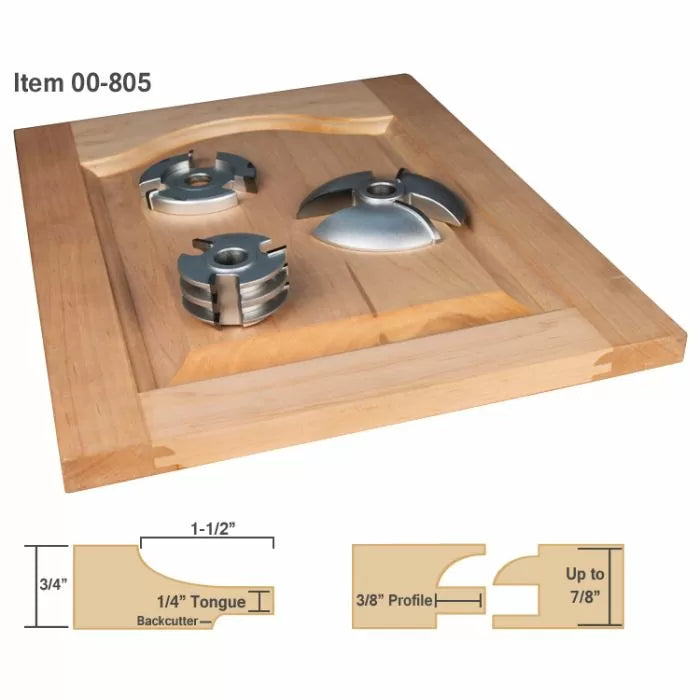 Raised panel door cutter set with three carbide woodworking router bits on wood panel, profile diagrams below.