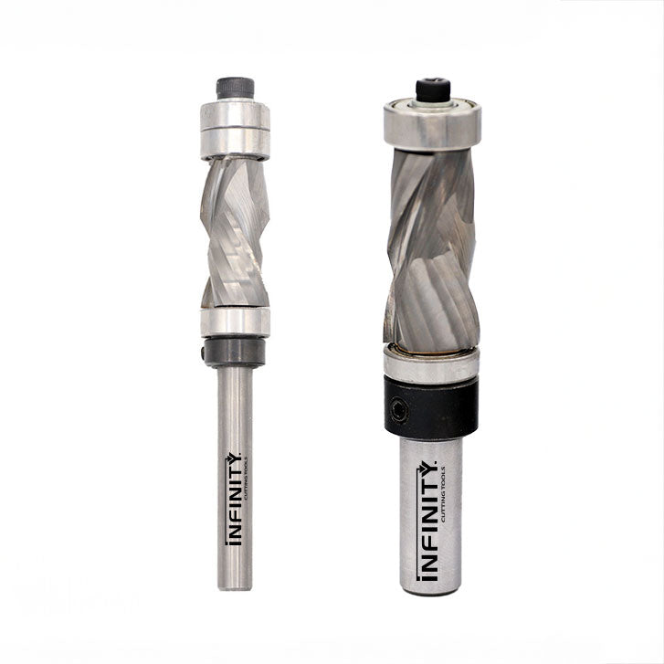 Two carbide spiral flush trim router bits with bearings, used for woodworking precision cuts