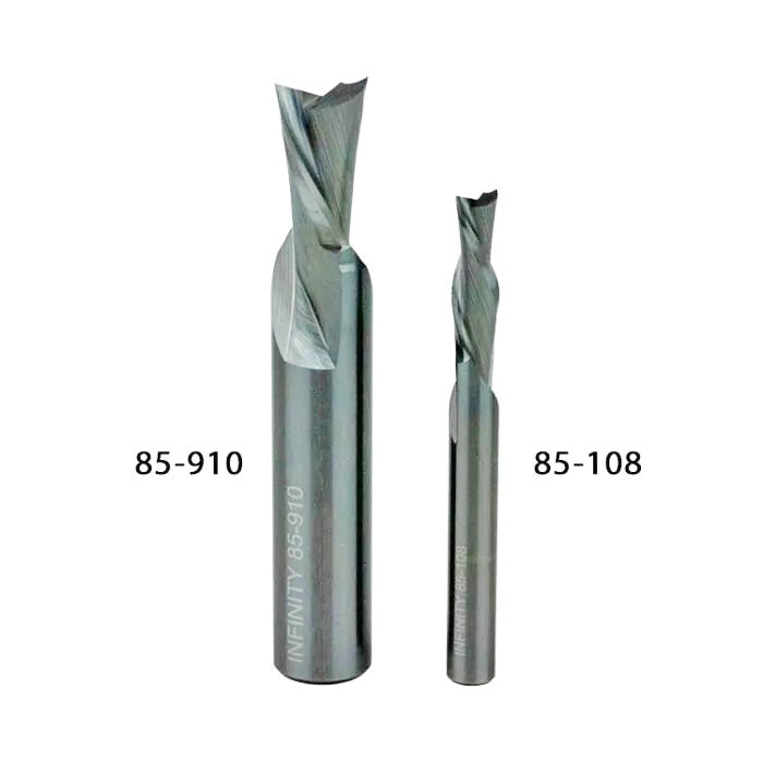 Two spiral router bits with IDs 85-910 and 85-108, suitable for woodworking tasks