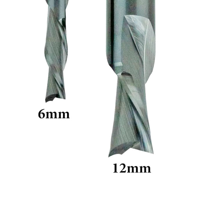 Close-up of two spiral carbide router bits, 6mm and 12mm sizes for woodworking.