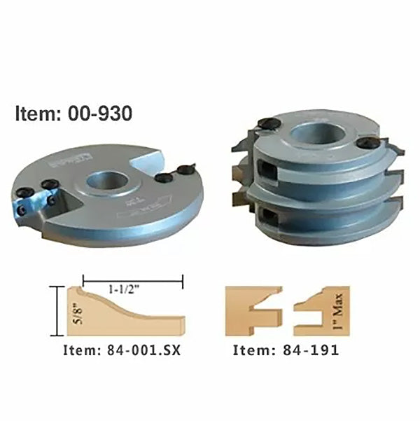 Carbide-tipped woodworking cutterheads with item 00-930, profile mold and groove examples