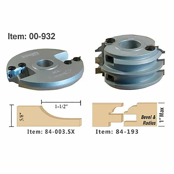 Carbide woodworking cutter head with replaceable knives, item 00-932, shown with profile diagrams.