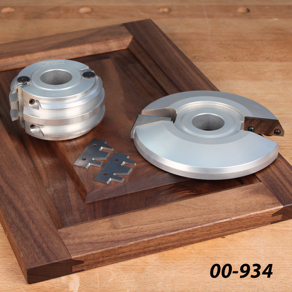 Woodworking cutter heads with insert knives on a wooden frame, model number 00-934