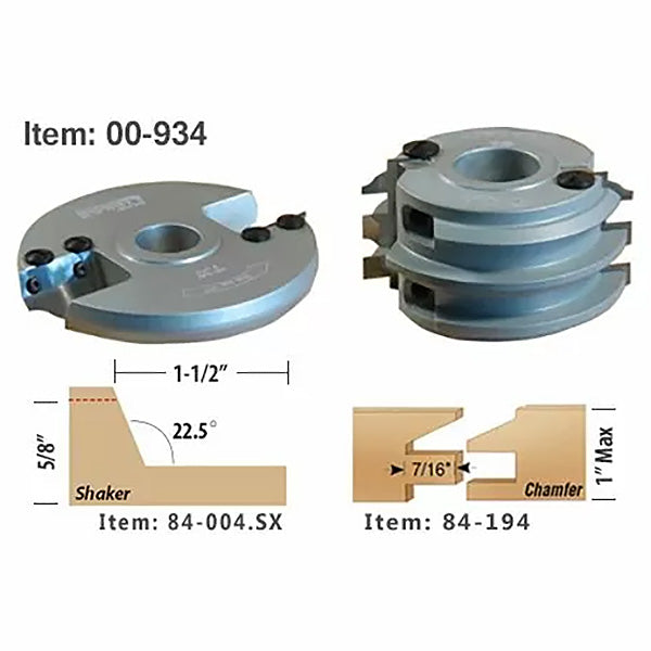 Metal woodworking cutter heads with diagrams showing shaker and chamfer profiles and measurements.