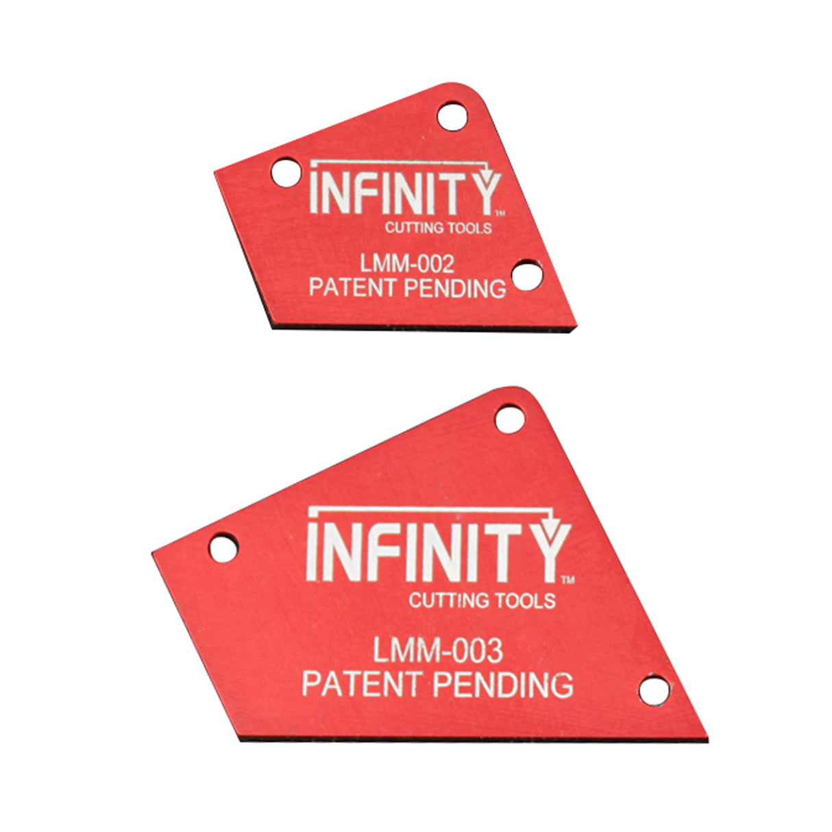 Two red metal woodworking layout tools labeled LMM-002 and LMM-003 with drilled holes.