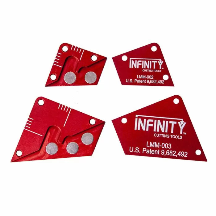 Red magnetic woodworking layout tools with measurement markings and patent details