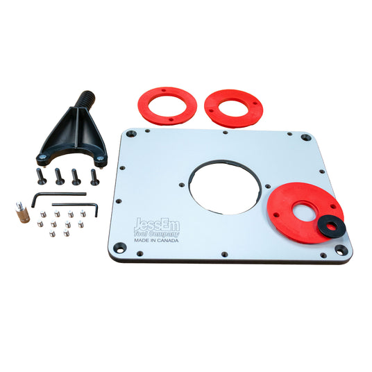 Router table insert plate kit with rings and mounting hardware for woodworking