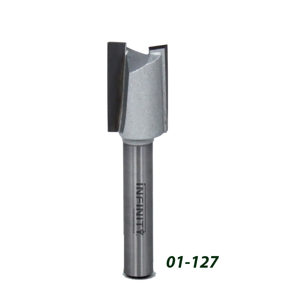 Carbide woodworking router bit with straight cutting edge and 01-127 marking