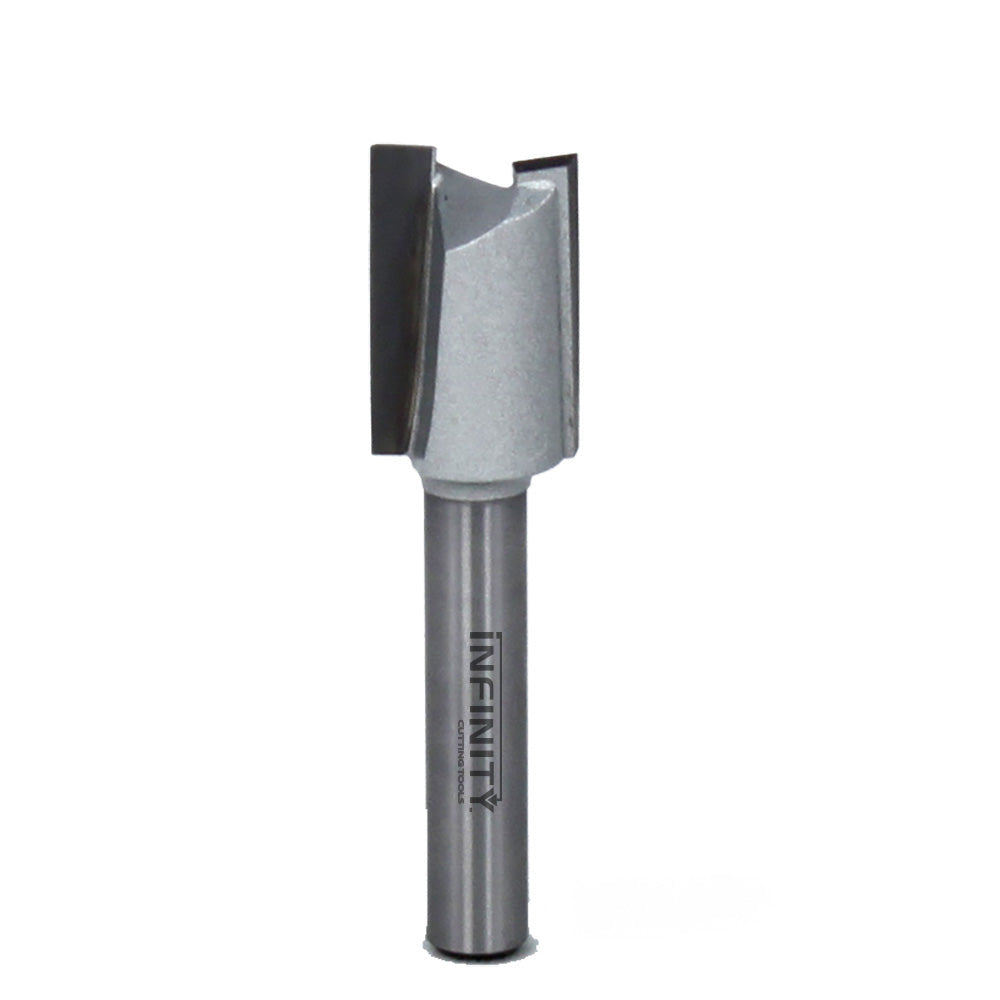 Carbide-tipped straight router bit for woodworking on white background