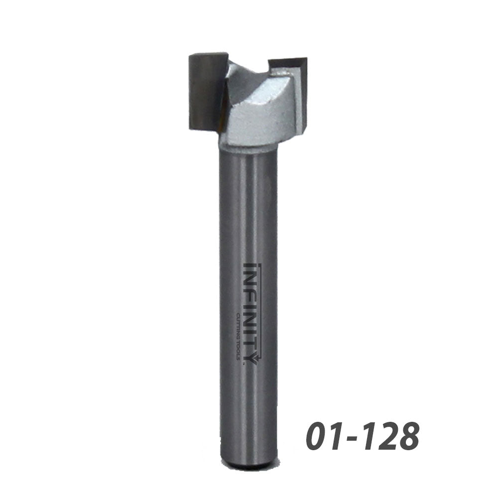 Carbide-tipped router bit for woodworking, silver finish, straight cutting edges, product code 01-128