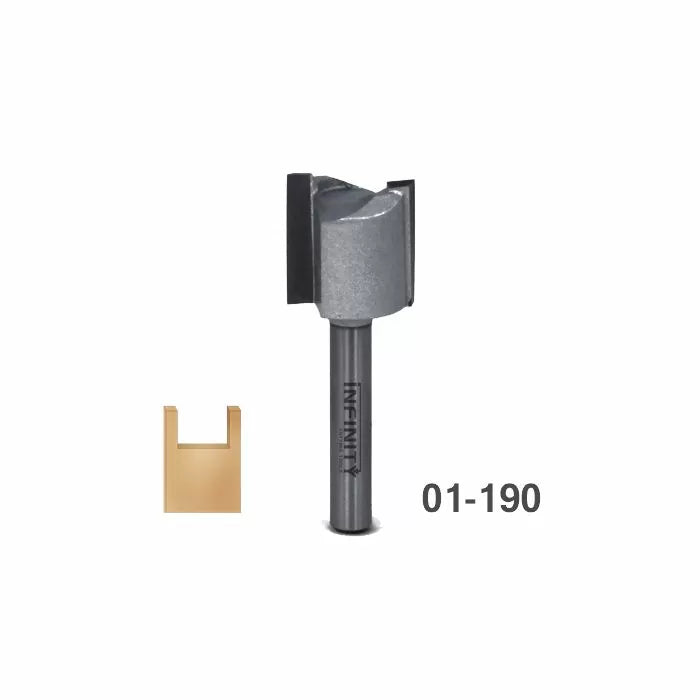Straight router bit for woodworking with sample groove cut and 01-190 label