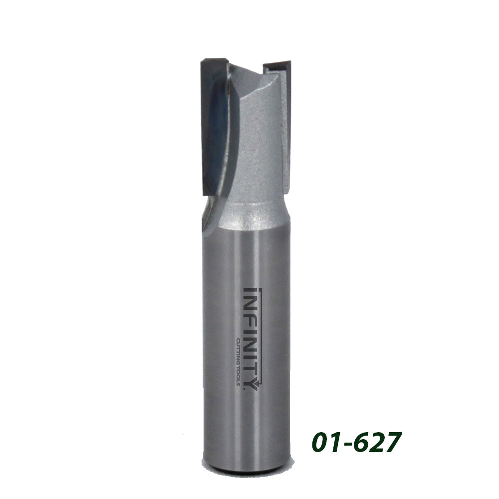 Carbide router bit with straight flutes for woodworking, labeled 01-627, on white background.