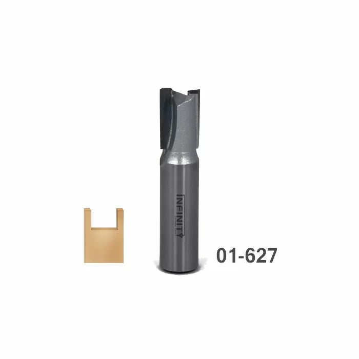 Straight router bit for woodworking, with sample dado cut and item number 01-627