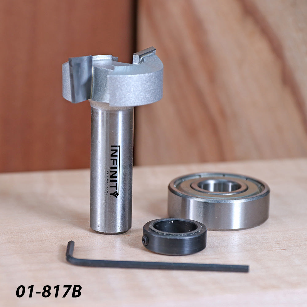 Carbide router bit set with bearings and hex key for woodworking on wood surface, code 01-817B.