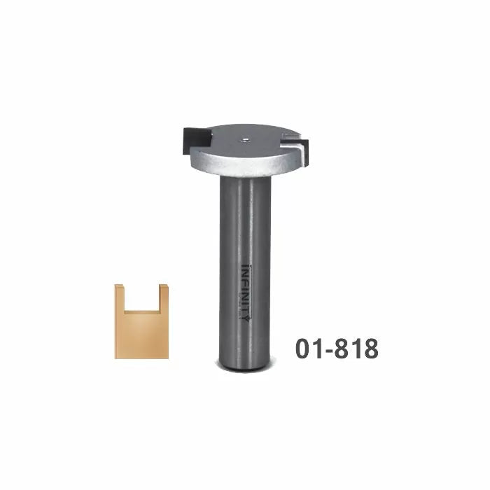 Slot cutting router bit with metal shank and example wood groove, labeled 01-818.