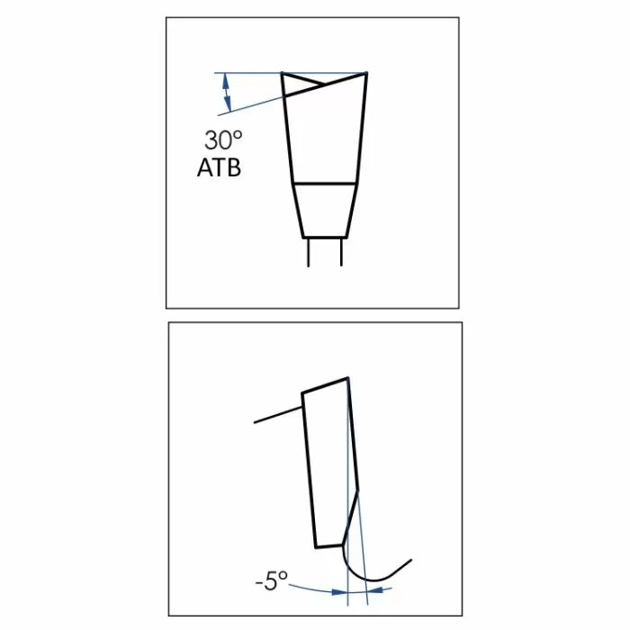 Saw blade tooth angle diagram showing 30 degree ATB and -5 degree hook angle for woodworking.