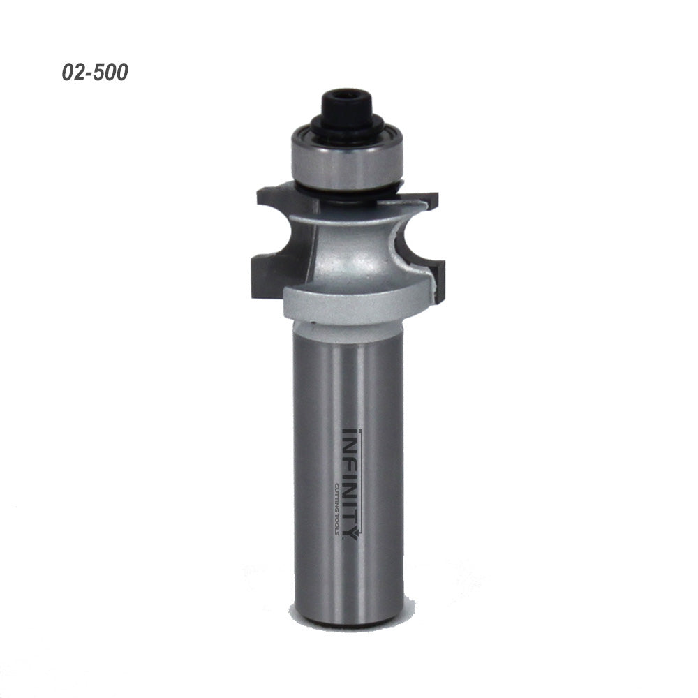 Carbide router bit with bearing, designed for woodworking, product code 02-500, on white background.