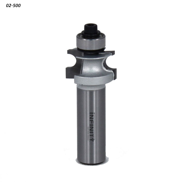 Carbide router bit with bearing for woodworking, straight shank, metal finish on white background.
