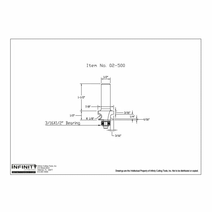 Technical drawing of a 3/16 x 1/2 inch bearing router bit with measurements.