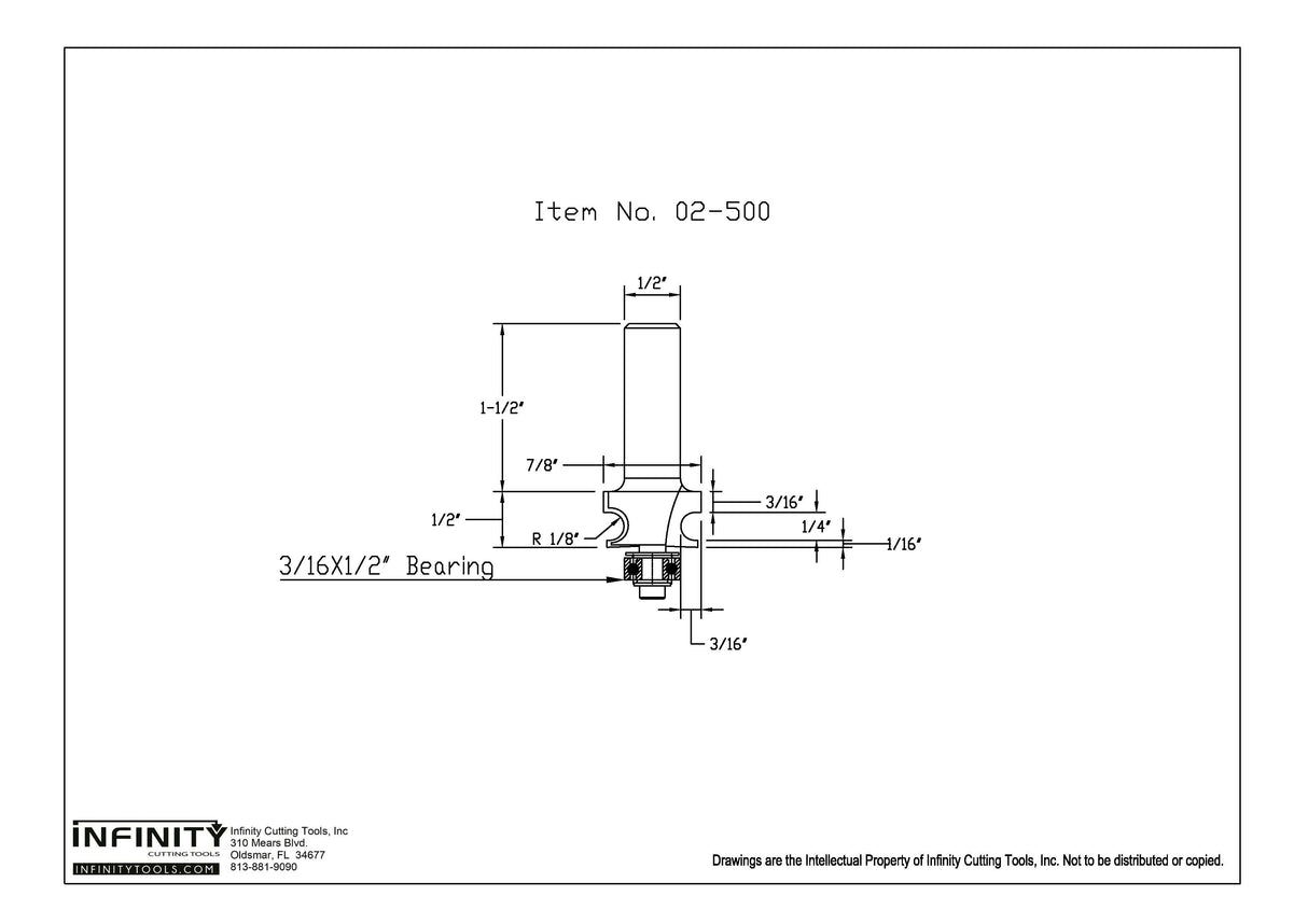 Technical drawing of router bit with measurements and 3/16x1/2 inch bearing details.