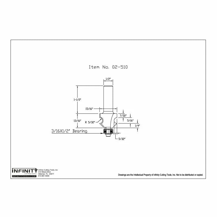 Router bit technical drawing with labeled dimensions and bearing, item 02-510, woodworking tool